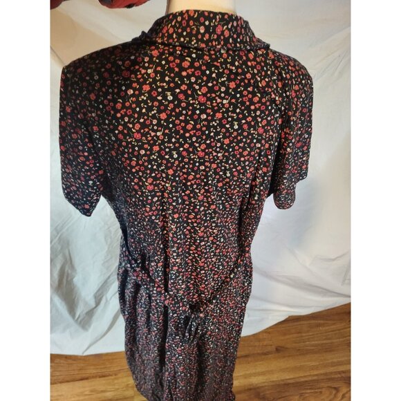 J Jill Size XL Black Red Floral Maxi Dress Full Button Jersey Tie Back - Picture 5 of 6